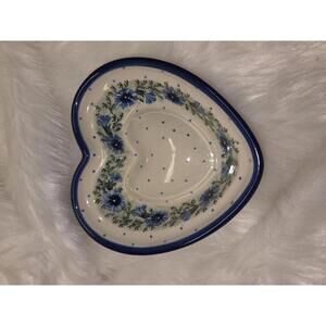 Handmade Polish Pottery Heart-Shaped Dish with Blue Floral Design